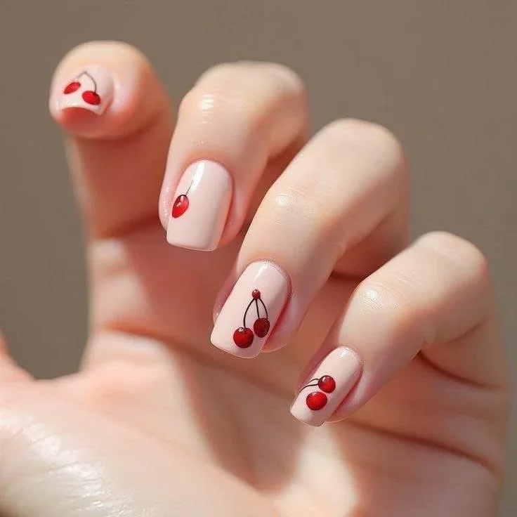 White manicure with small cherry nail art